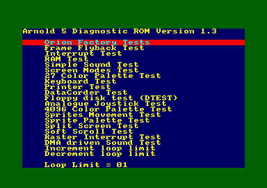 The Arnold 5 Test ROM menu screen (Amstrad, 1990)