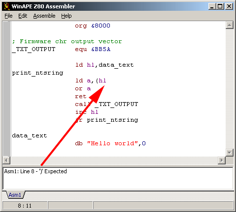 The error is also reported in the assembler window. You can clic on the error at the bottom and the cursor will be automatically moved on the corresponding line with the error.