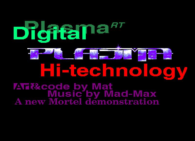 The intro screen of my onescreener part for High Technology by AST System. It feature mode 1 and 2. Note that this demo is completly finished. (Unreleased) (1997)