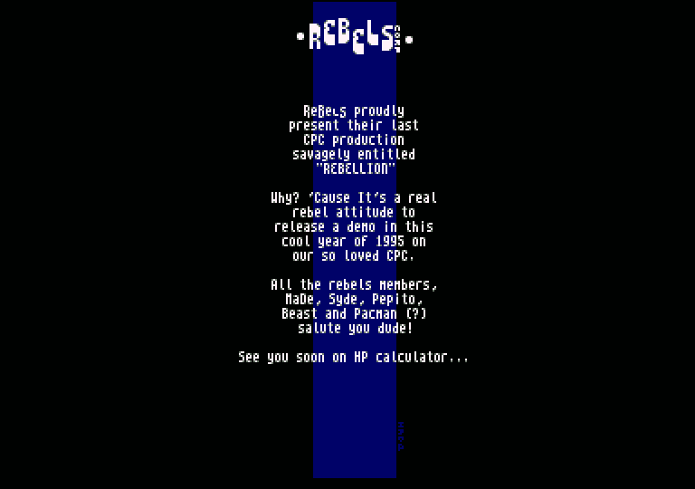 Rebellion/Rebels - Boot screen with credits.